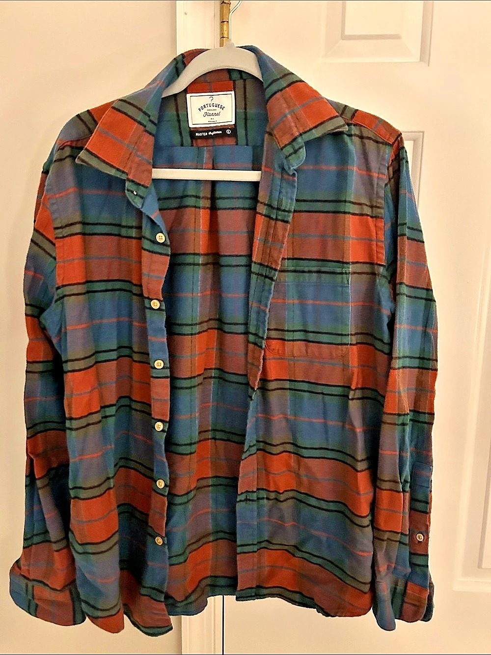 Portuguese Flannel Plaid Button Down Shirt Blue & Red Size Large